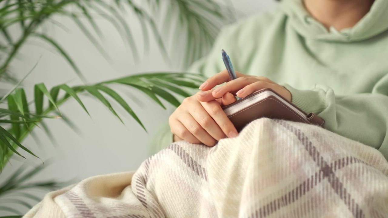 A person writing in a notebook beside a houseplant