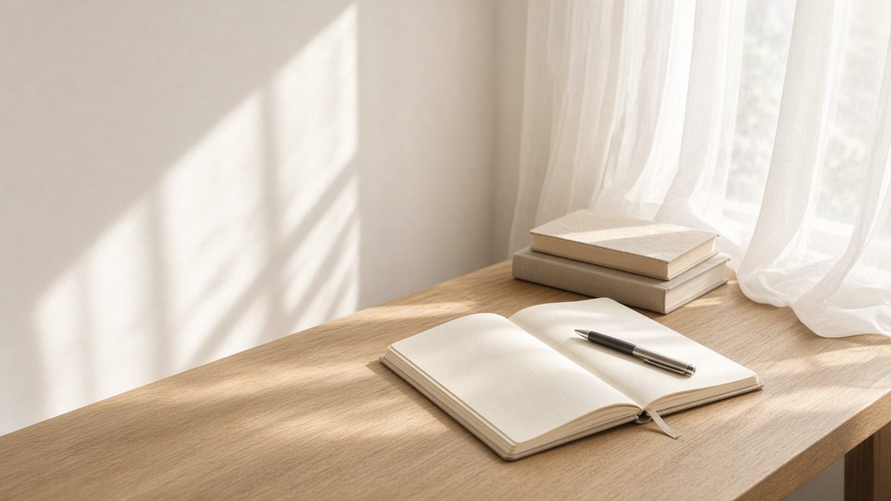 An open notebook and books on a sunlit wooden table